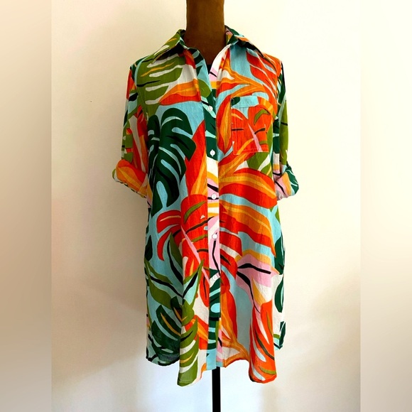 True Destinations Tropical Print Shirt Dress Swim Cover Up - Picture 2 of 7